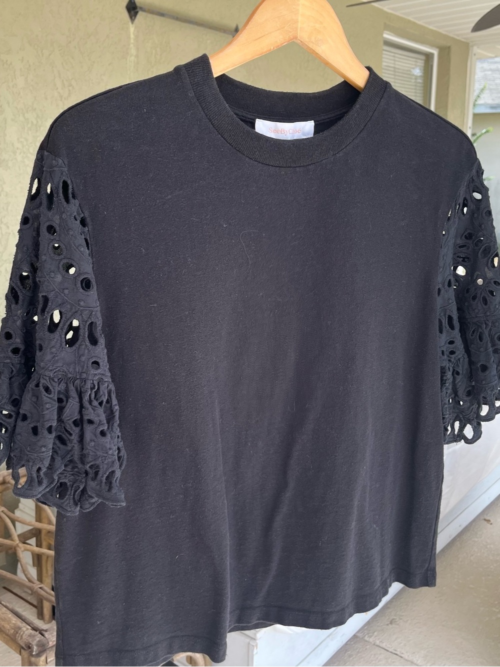See by chloe black tee with eyelet sleeves